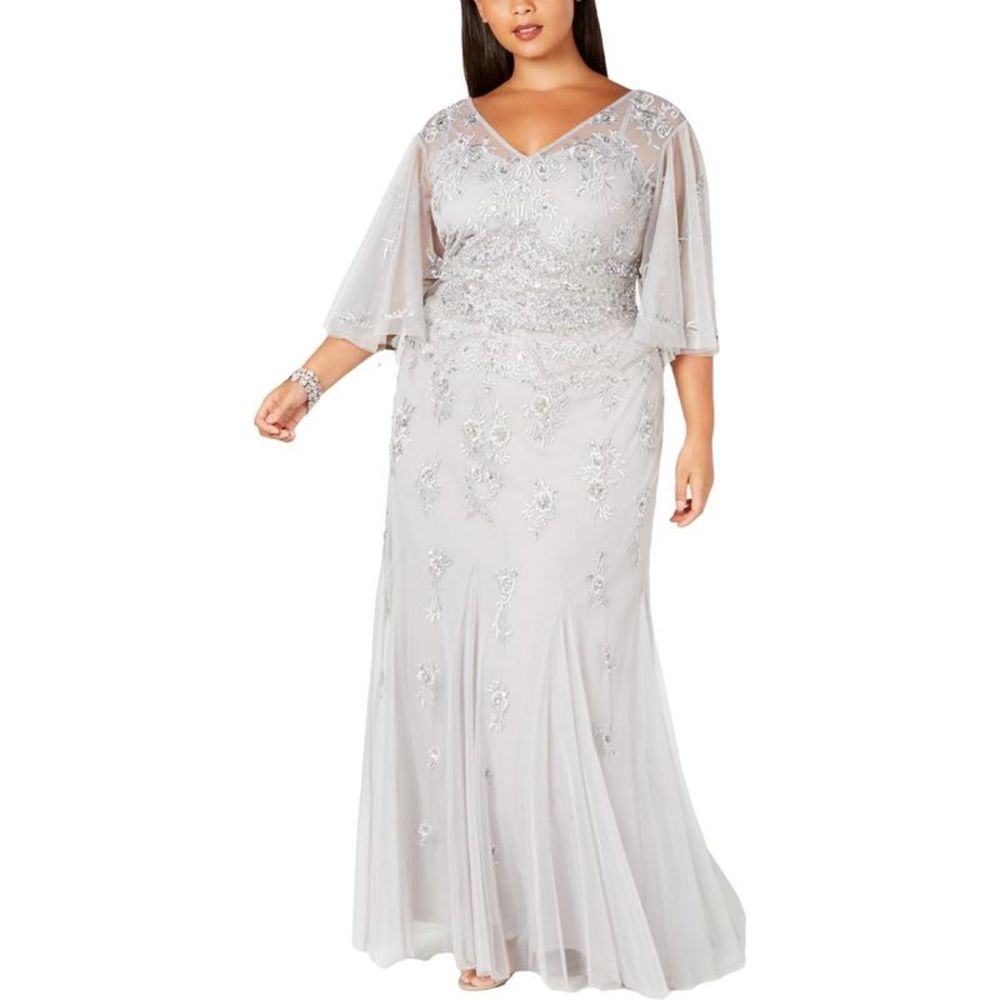 Adrianna Papell Womens Silver em Polyester Evening Dress Gown Plus NWT